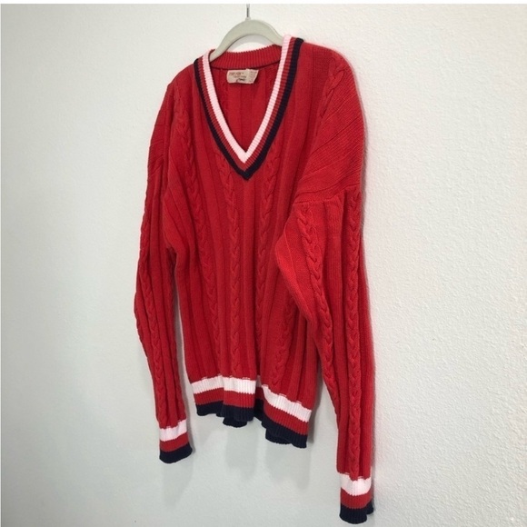 Vintage THE FOX Collection V-neck knit sweater long sleeve cotton red,white - Picture 14 of 16